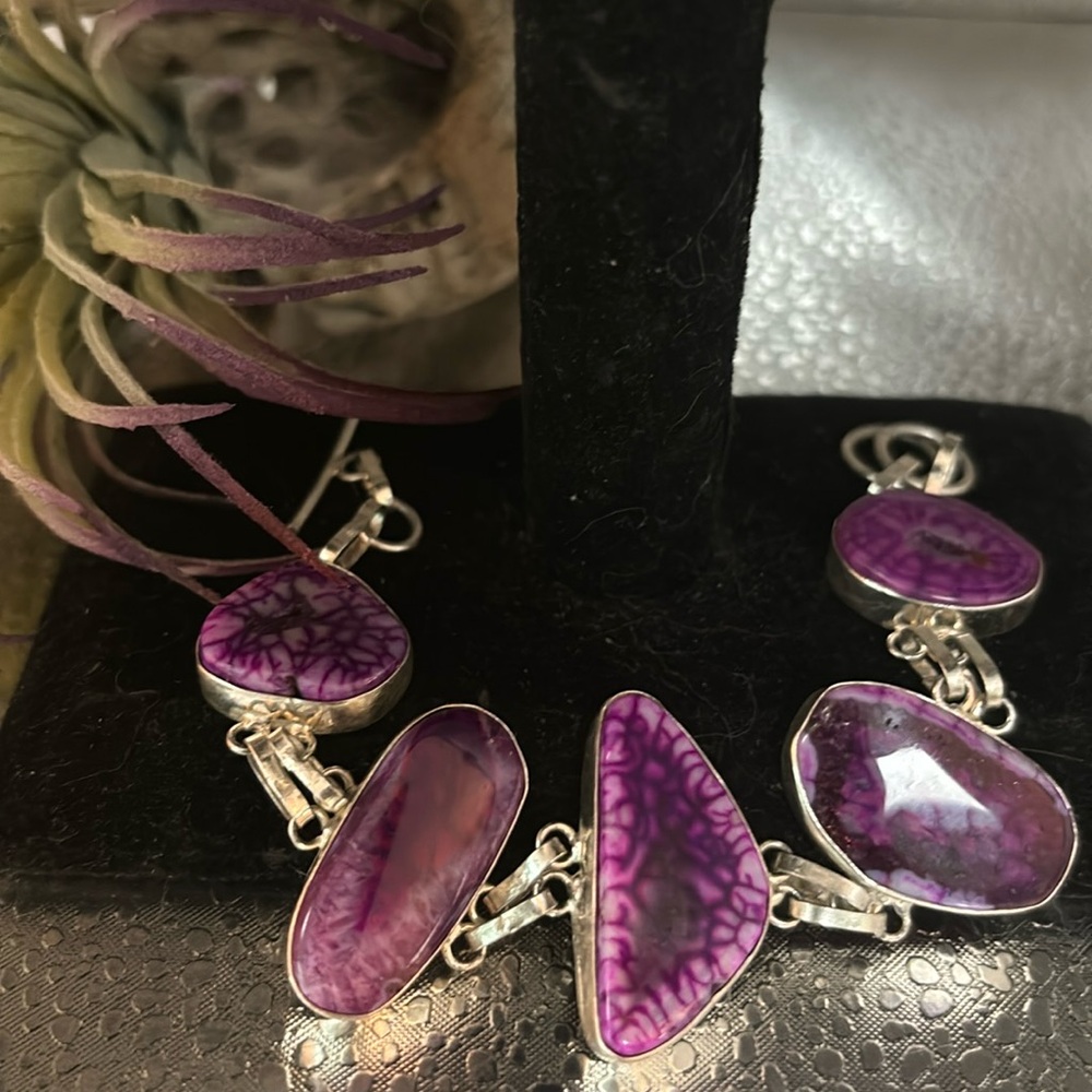 Unique, solar agate/Druzy purple bracelet fits 7 inch wrist marked 925 bx1-pp12